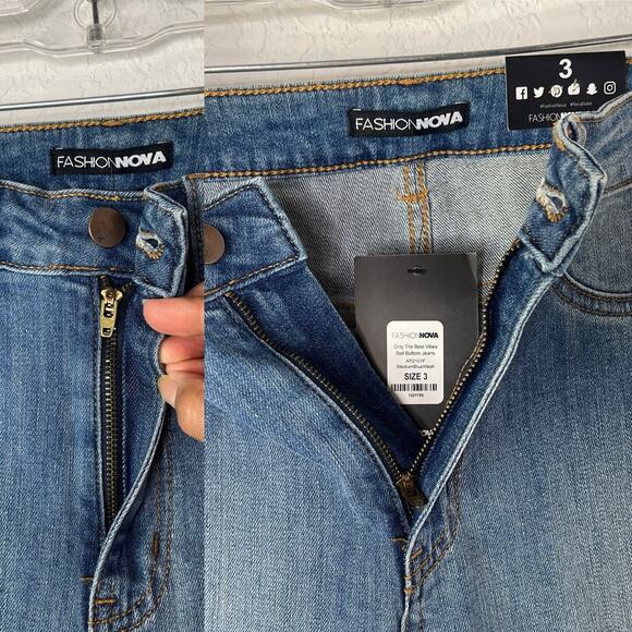 Fashion Nova only the best vibes bell bottom jeans - medium blue wash size 3 - Picture 7 of 11